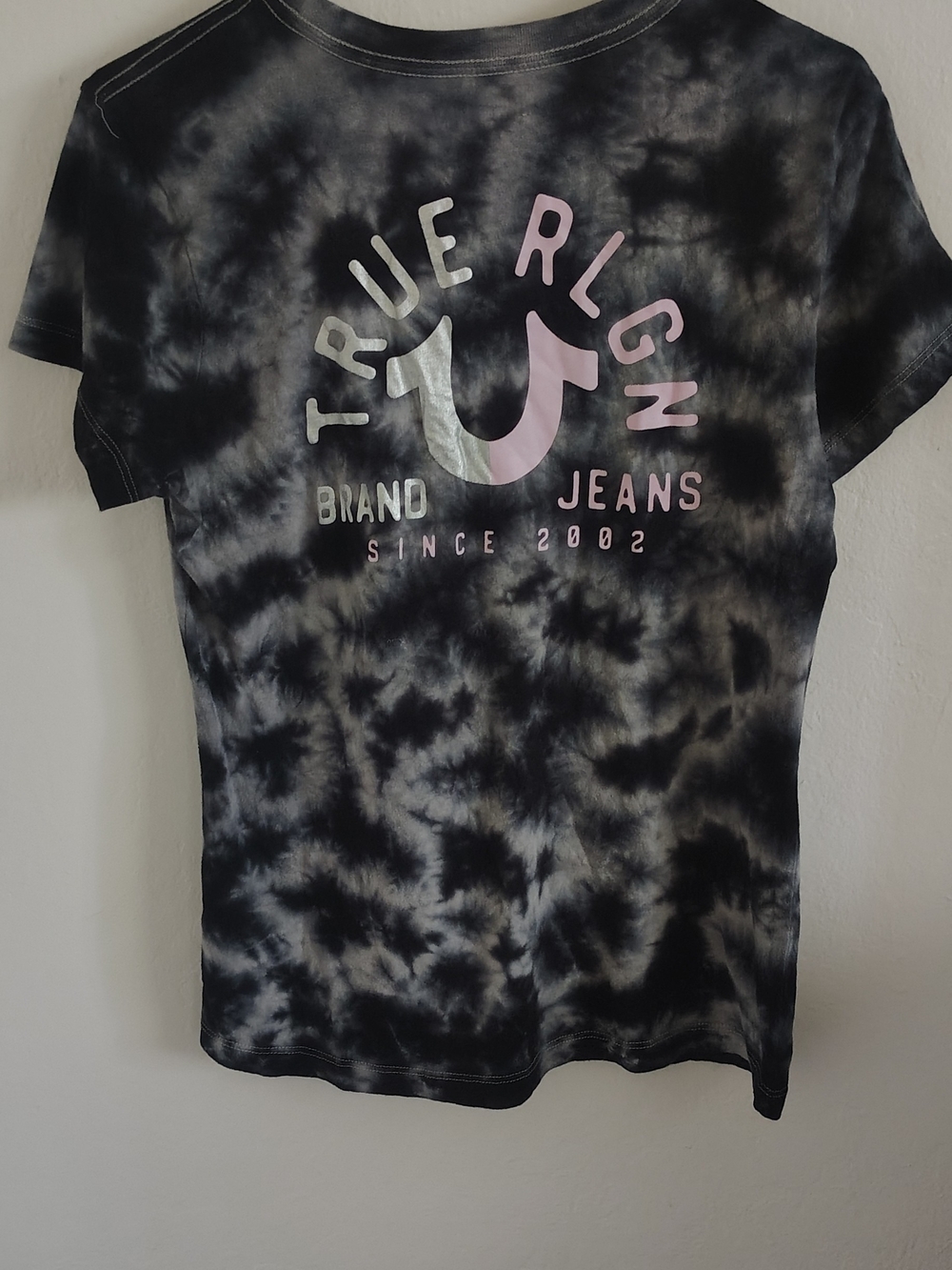 True Religion Black Tie-Dye Tee with Purple/ silver Logo Accent